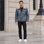 Men's Wesley Leather Denim Chore Jacket — Medium Blue — full-body-front