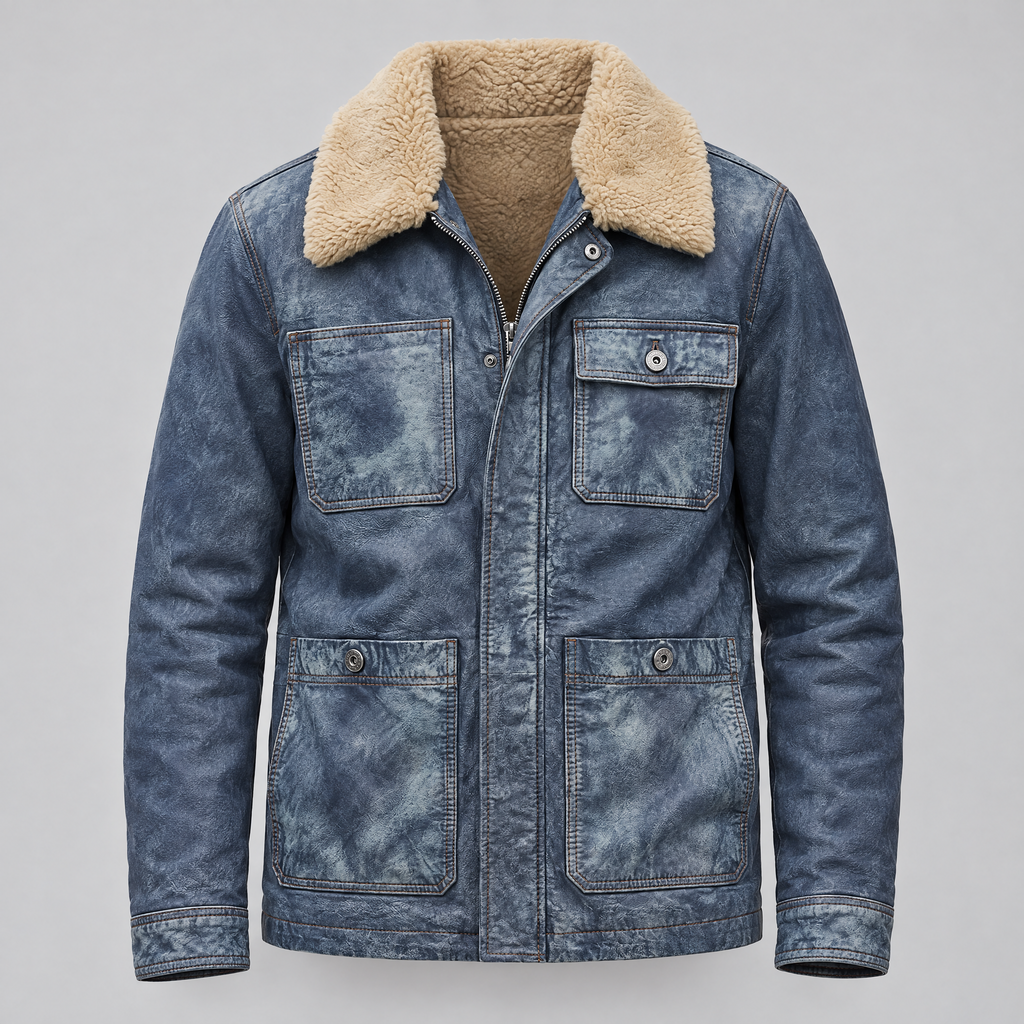 Men's Wesley Leather Denim Chore Jacket — Medium Blue — product-front