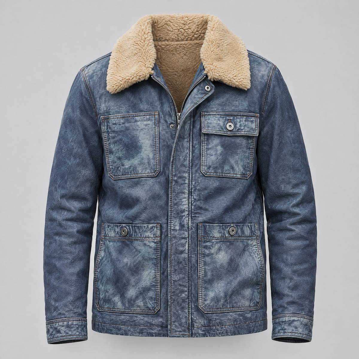 Men's Wesley Leather Denim Chore Jacket — Medium Blue — product-front