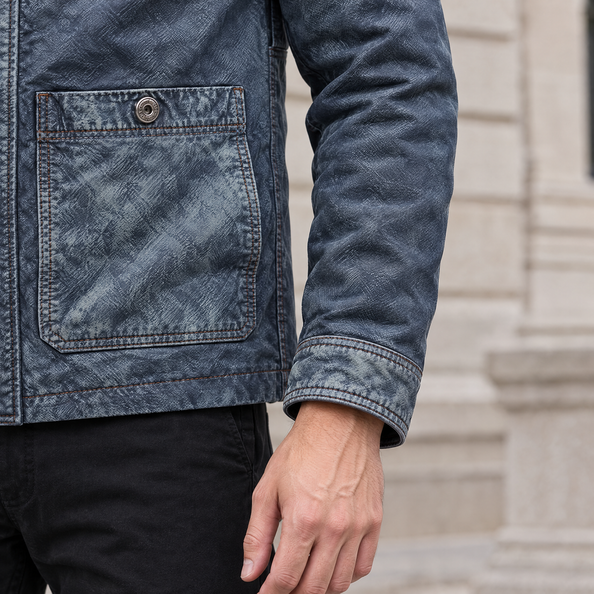 Men's Wesley Leather Denim Chore Jacket — Medium Blue — sleeve-detail