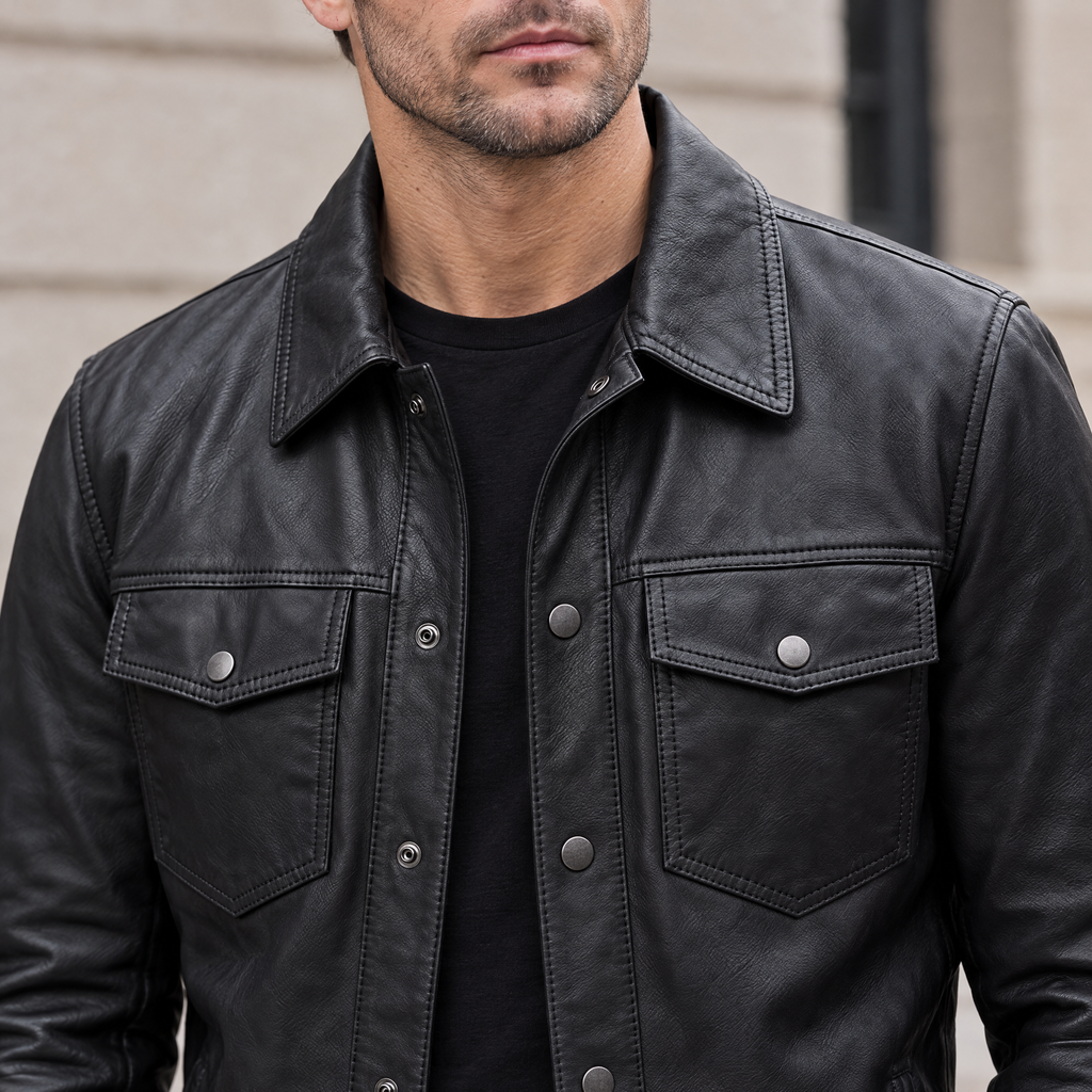 Men's Wren Lightweight Leather Snap Shirt Jacket — Black — chest-detail