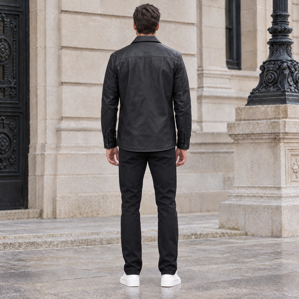 Men's Wren Lightweight Leather Snap Shirt Jacket — Black — full-body-back