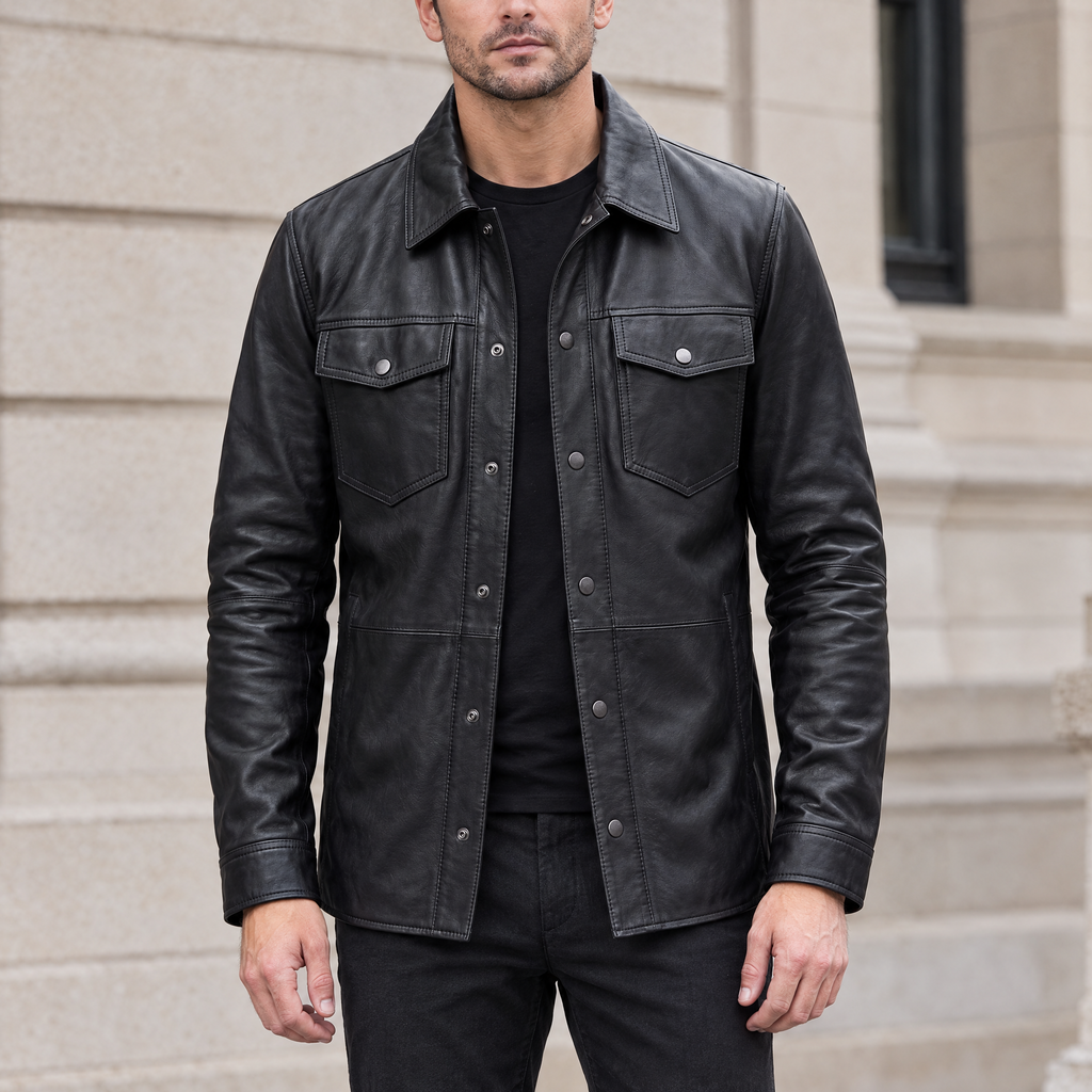 Men's Wren Lightweight Leather Snap Shirt Jacket — Black — hero