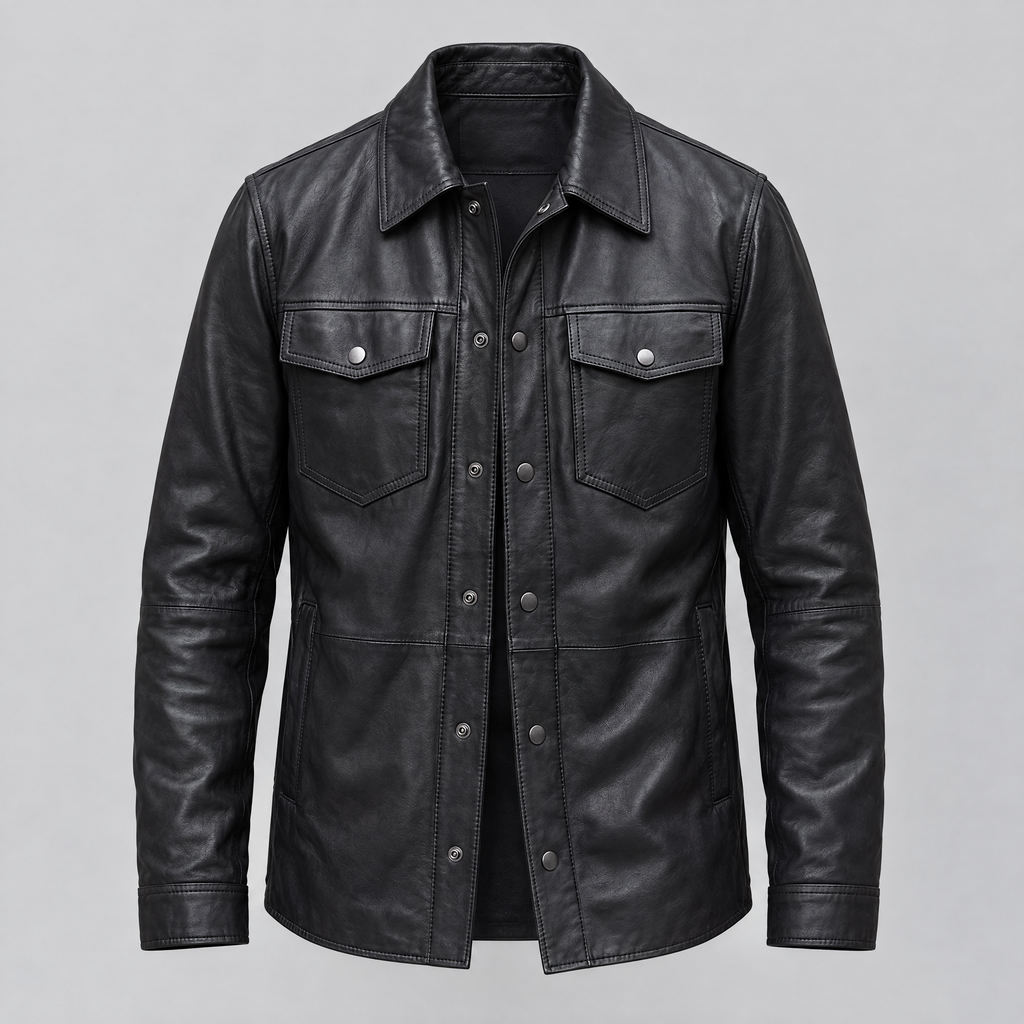 Men's Wren Lightweight Leather Snap Shirt Jacket — Black — product-front