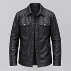 Men's Wren Lightweight Leather Snap Shirt Jacket — Black — product-front