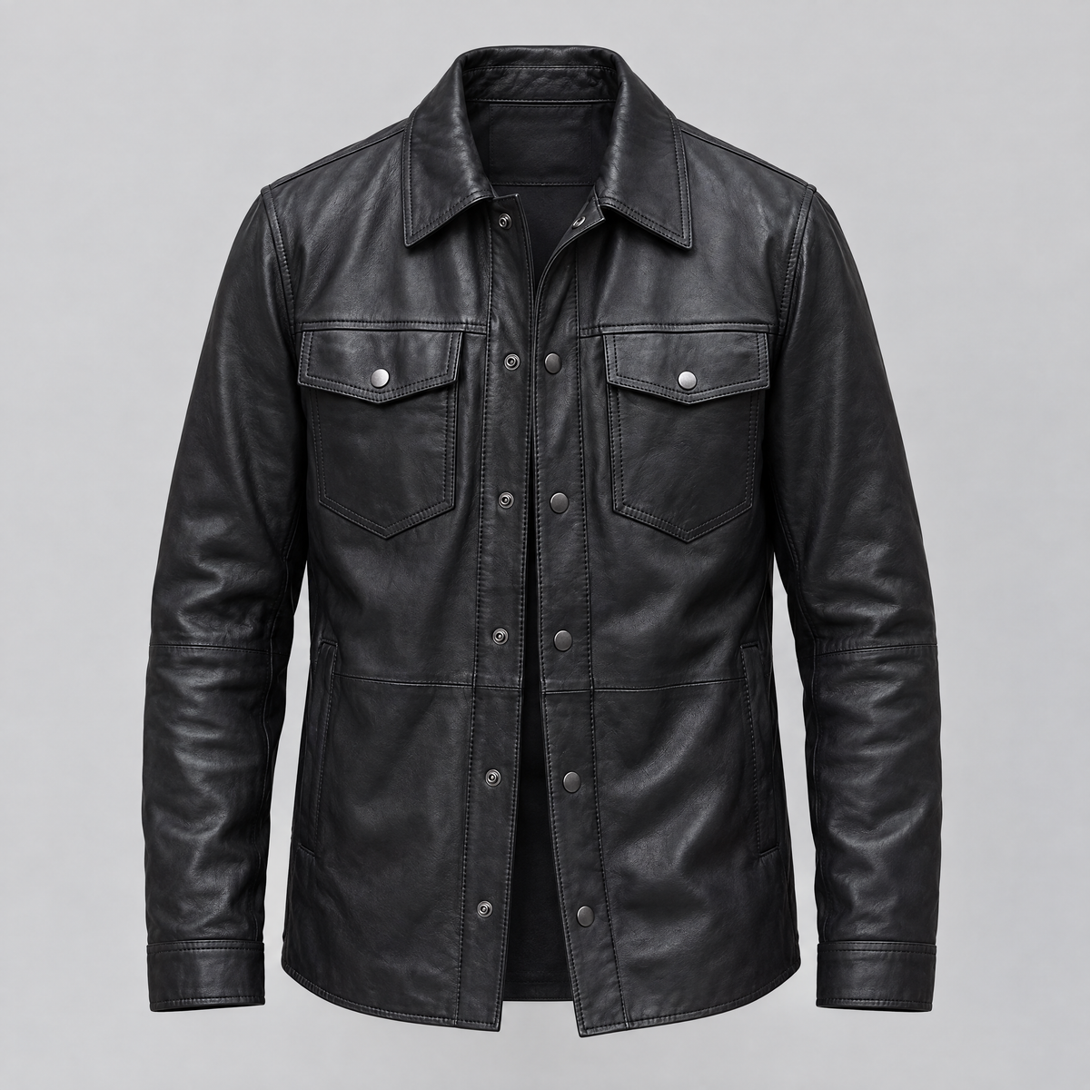 Men's Wren Lightweight Leather Snap Shirt Jacket — Black — product-front
