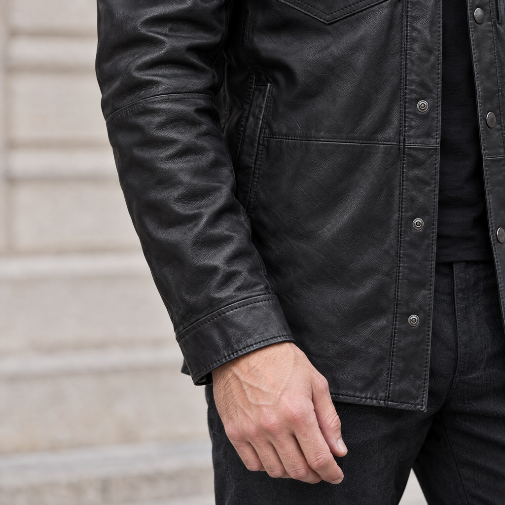 Men's Wren Lightweight Leather Snap Shirt Jacket — Black — sleeve-detail