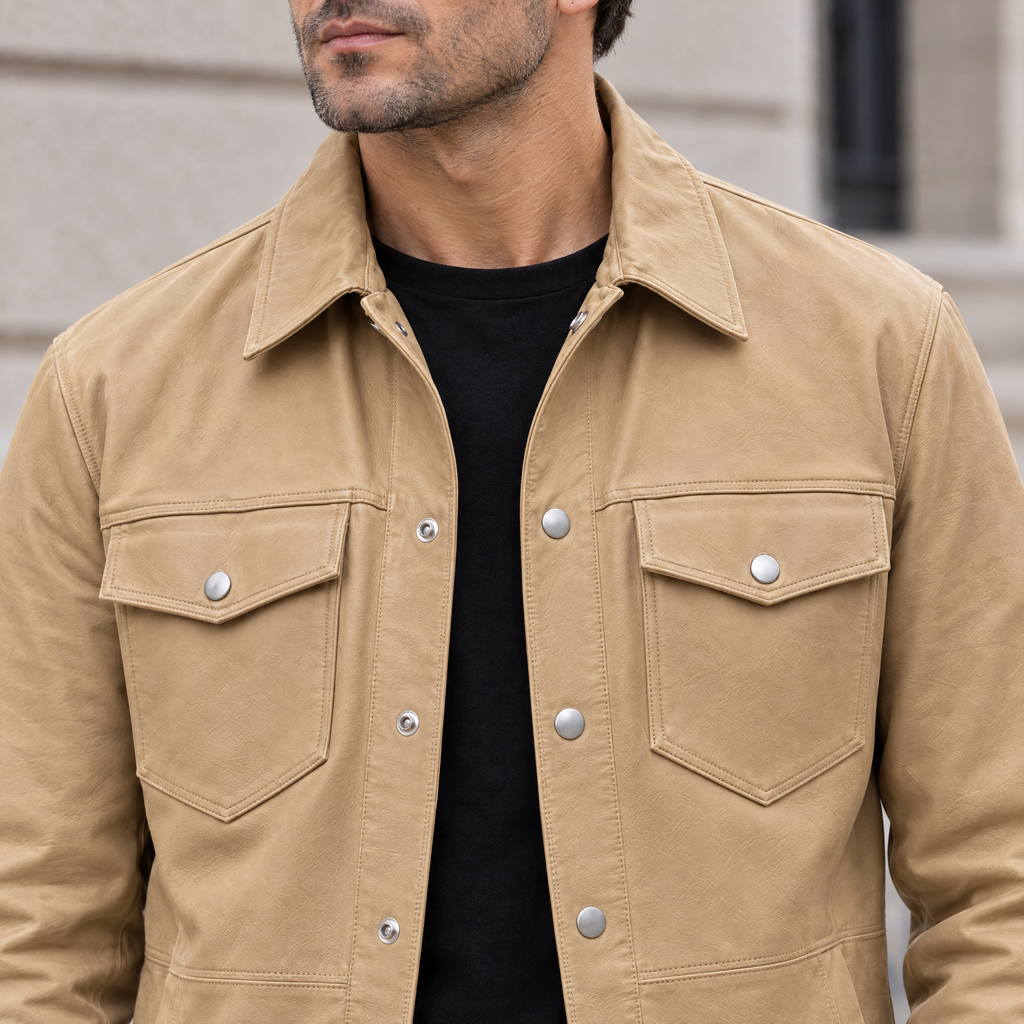 Men's Wren Lightweight Leather Snap Shirt Jacket — Saddle — chest-detail