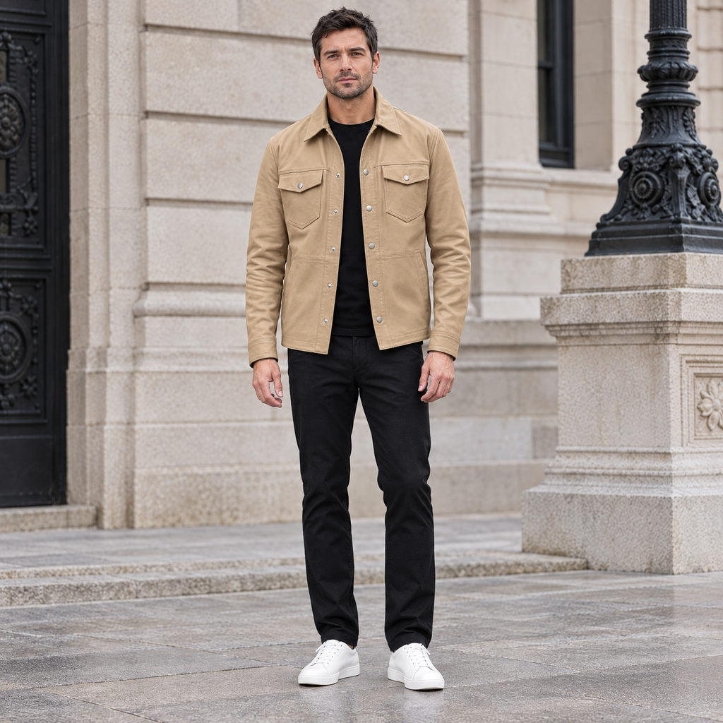 Men's Wren Lightweight Leather Snap Shirt Jacket — Saddle — full-body-front
