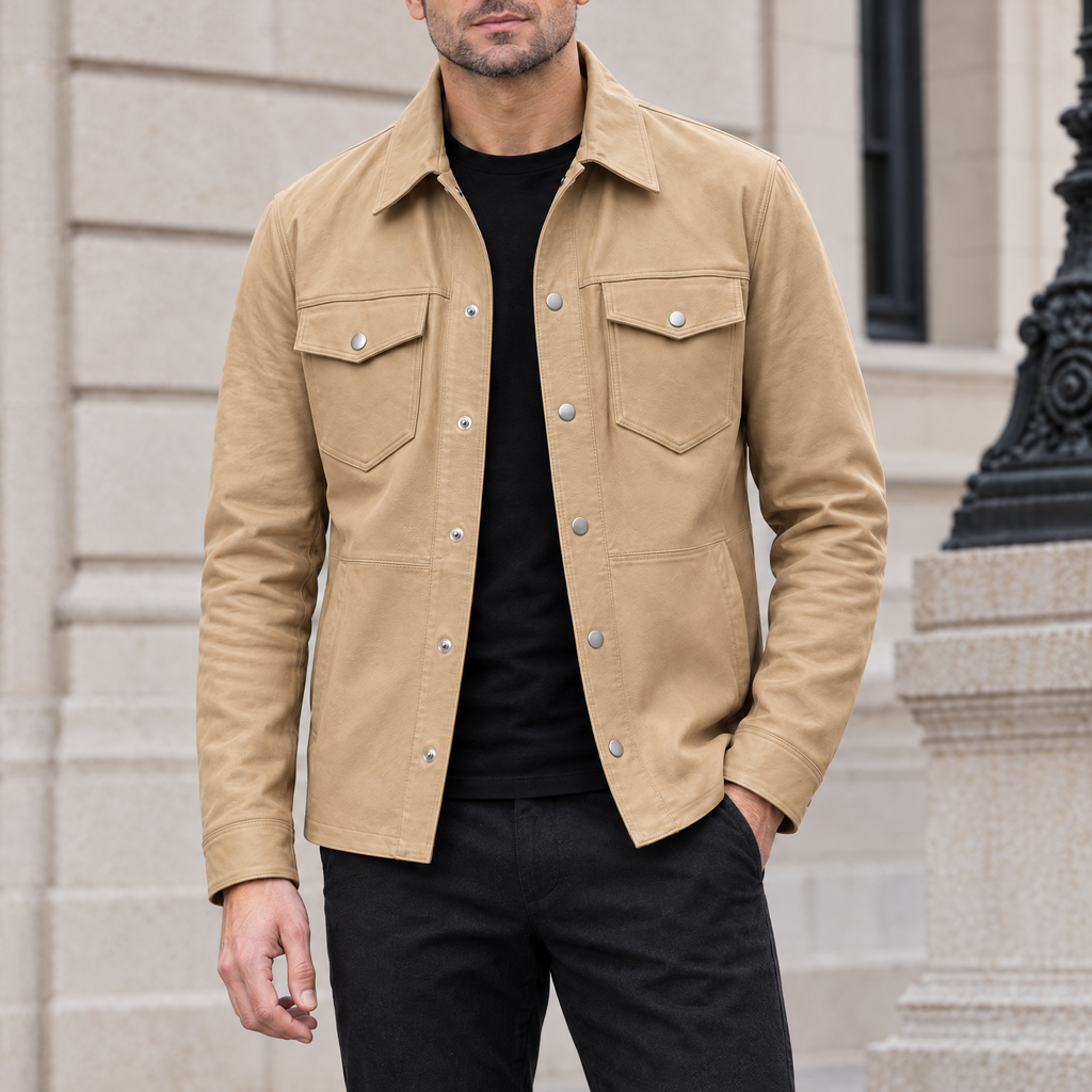Men's Wren Lightweight Leather Snap Shirt Jacket — Saddle — hero
