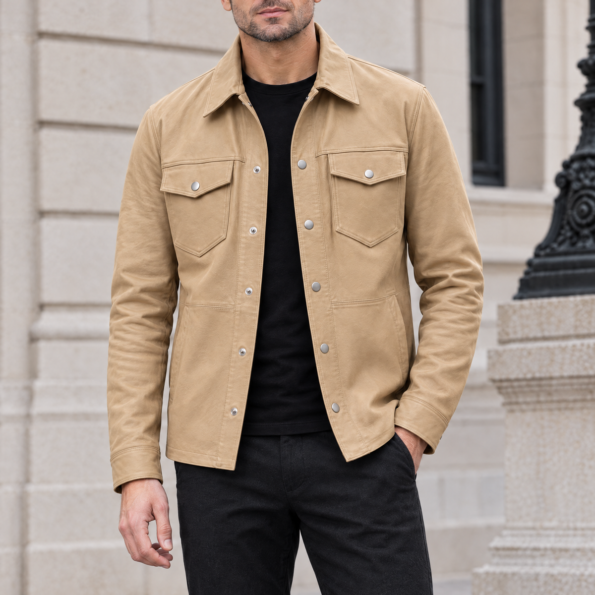 Men's Wren Lightweight Leather Snap Shirt Jacket — Saddle — hero