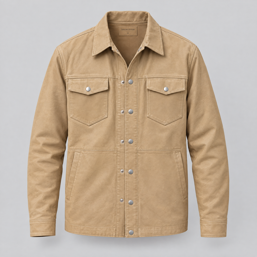 Men's Wren Lightweight Leather Snap Shirt Jacket — Saddle — product-front