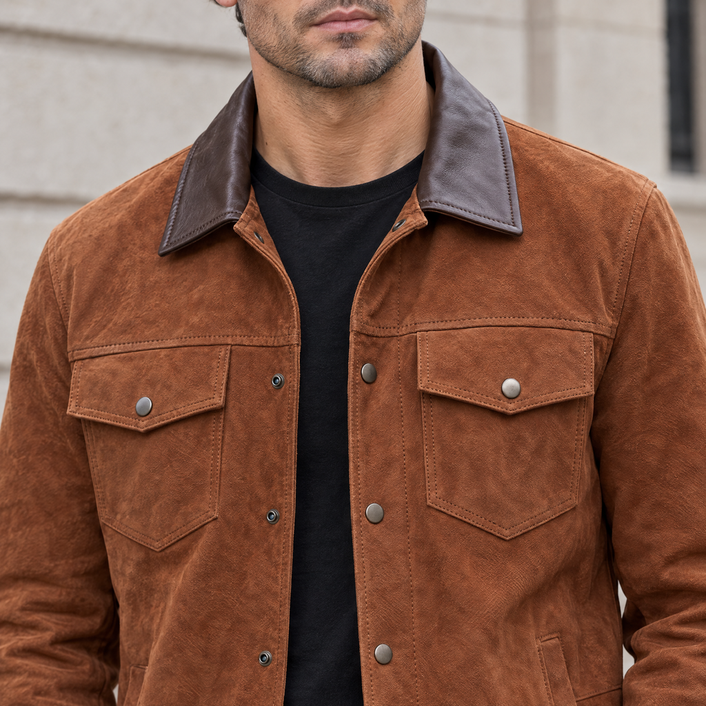 Men's Zion Colour Block Suede Shirt Jacket — Brown — chest-detail