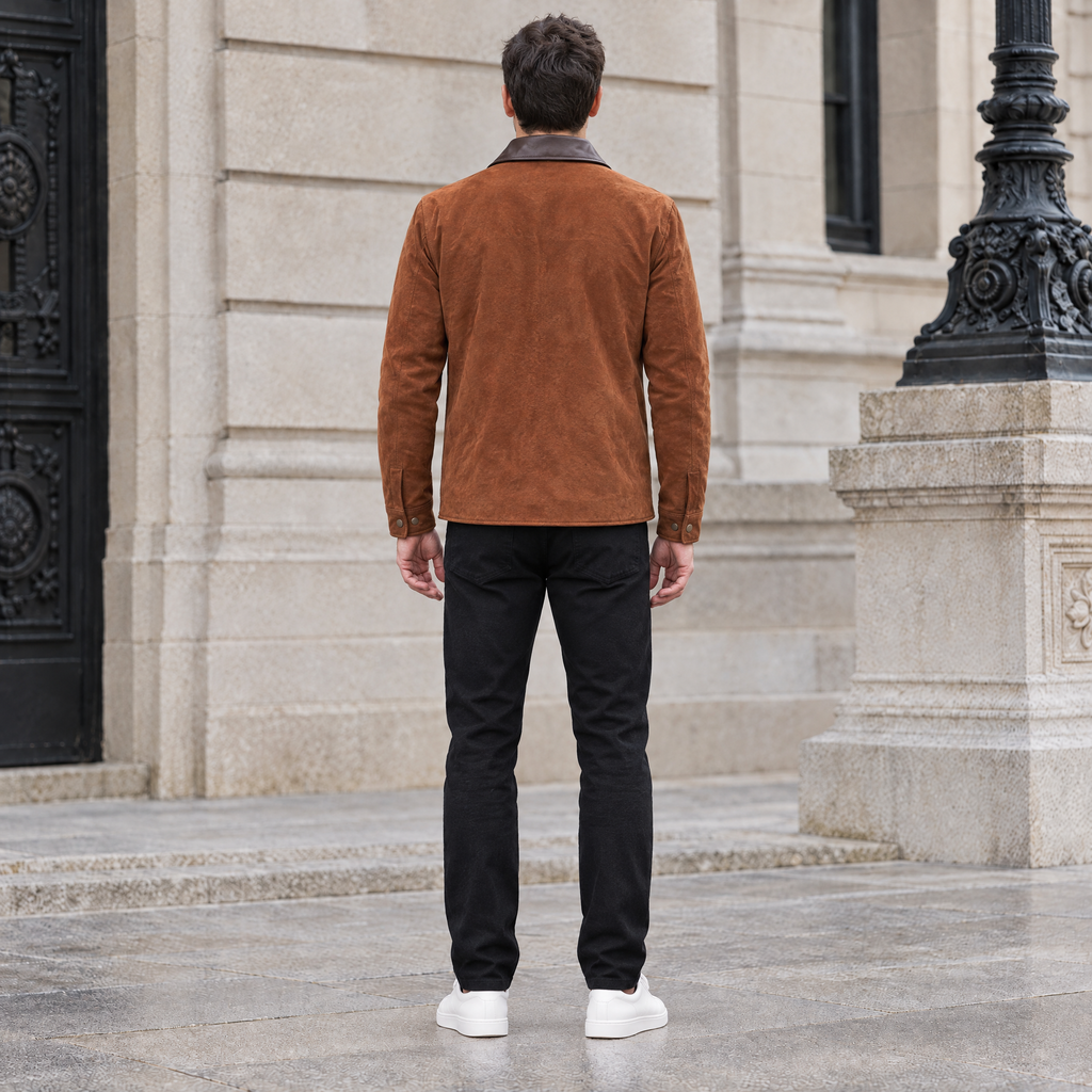 Men's Zion Colour Block Suede Shirt Jacket — Brown — full-body-back