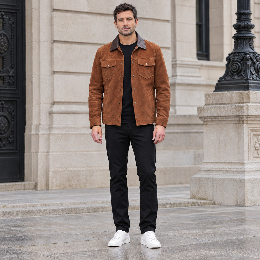 Men's Zion Colour Block Suede Shirt Jacket — Brown — full-body-front