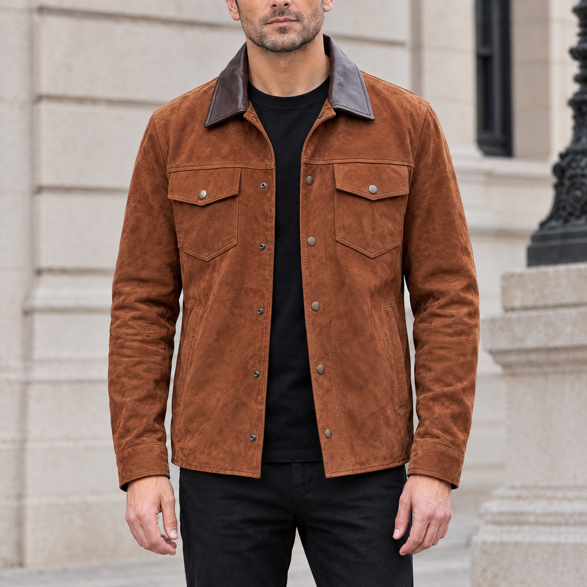 Men's Zion Colour Block Suede Shirt Jacket — Brown — hero