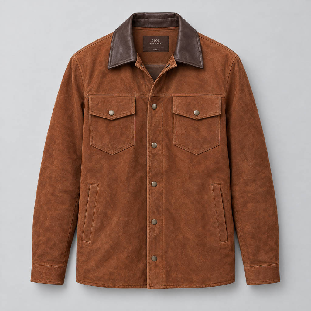 Men's Zion Colour Block Suede Shirt Jacket — Brown — product-front