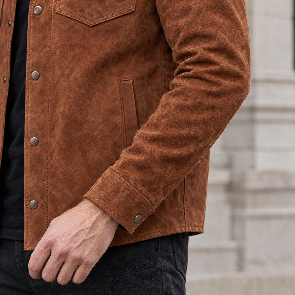Men's Zion Colour Block Suede Shirt Jacket — Brown — sleeve-detail