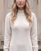 Ivory pearl-embellished mock-neck sweater dress