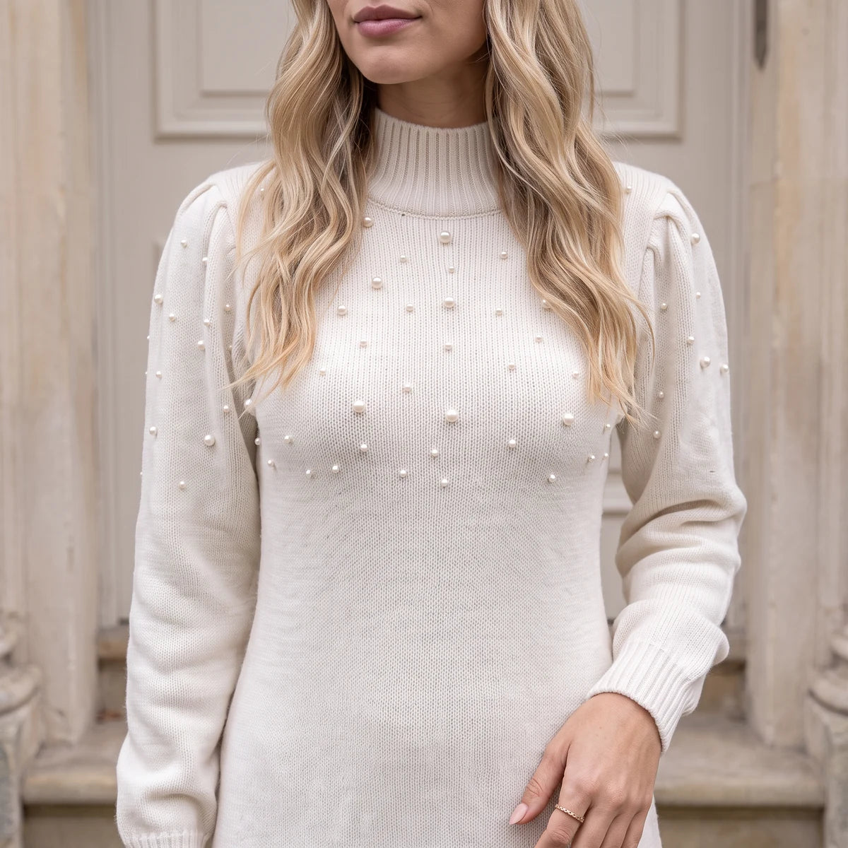 Ivory pearl-embellished sweater dress detail