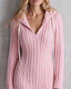 Pink hooded cable-knit mini sweater dress