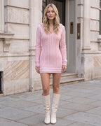 Pink hooded cable-knit mini sweater dress