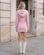 Pink hooded cable-knit mini sweater dress