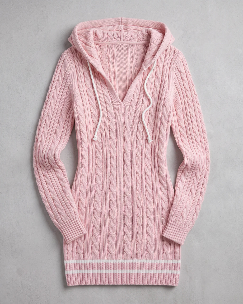 Pink hooded cable-knit mini sweater dress