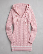 Pink hooded cable-knit mini sweater dress