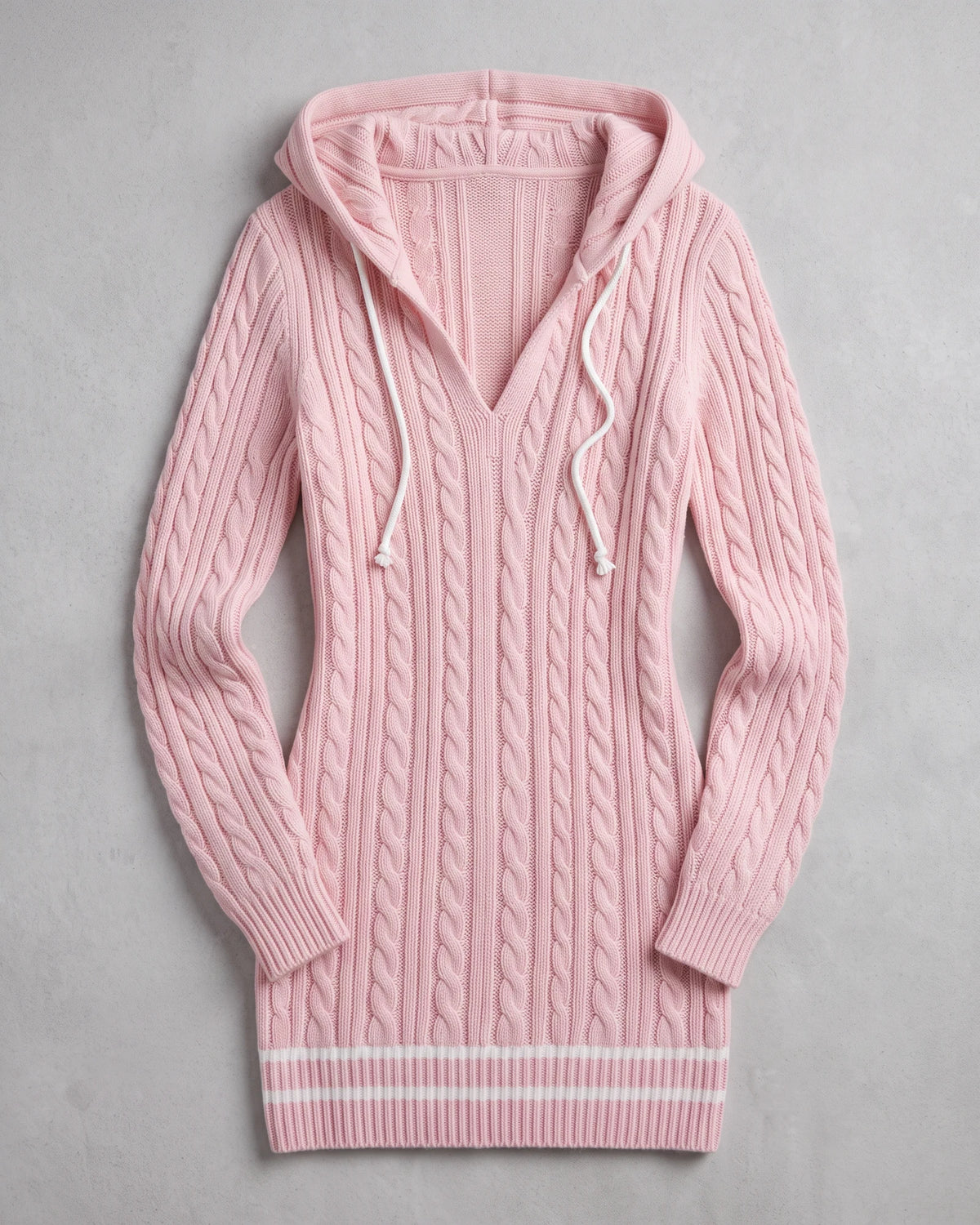 Pink hooded cable-knit mini sweater dress