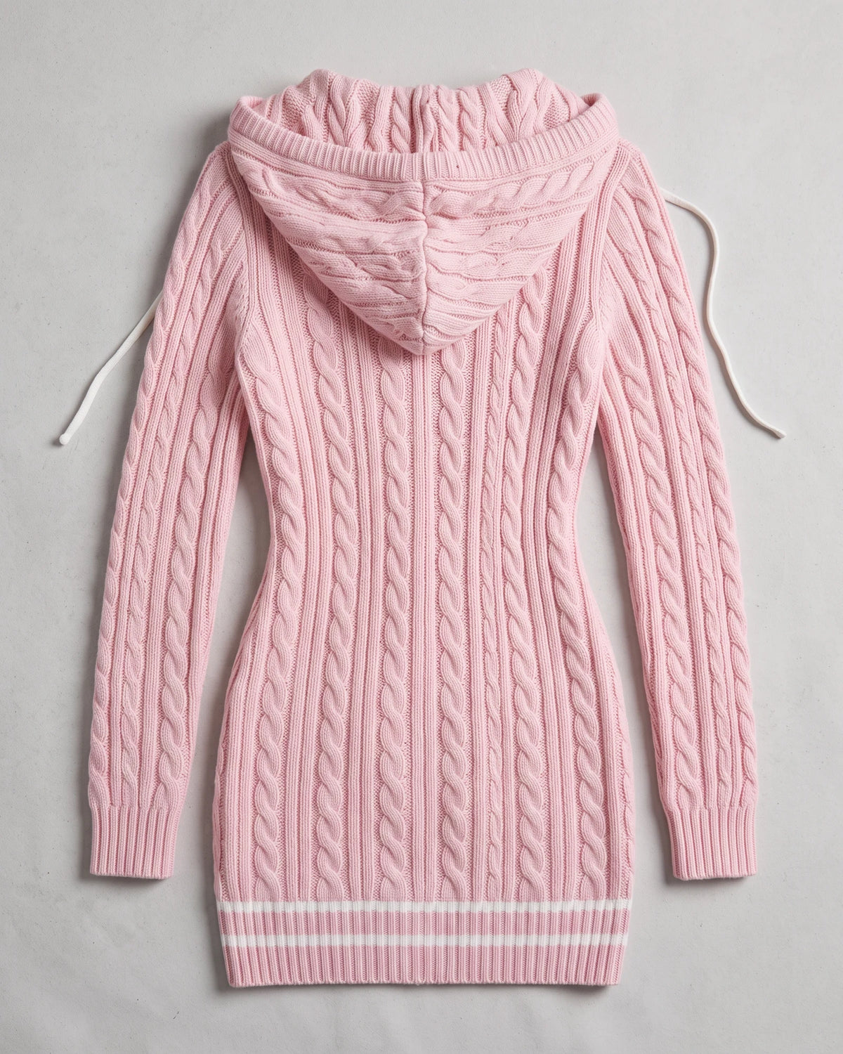 Pink hooded cable-knit mini sweater dress