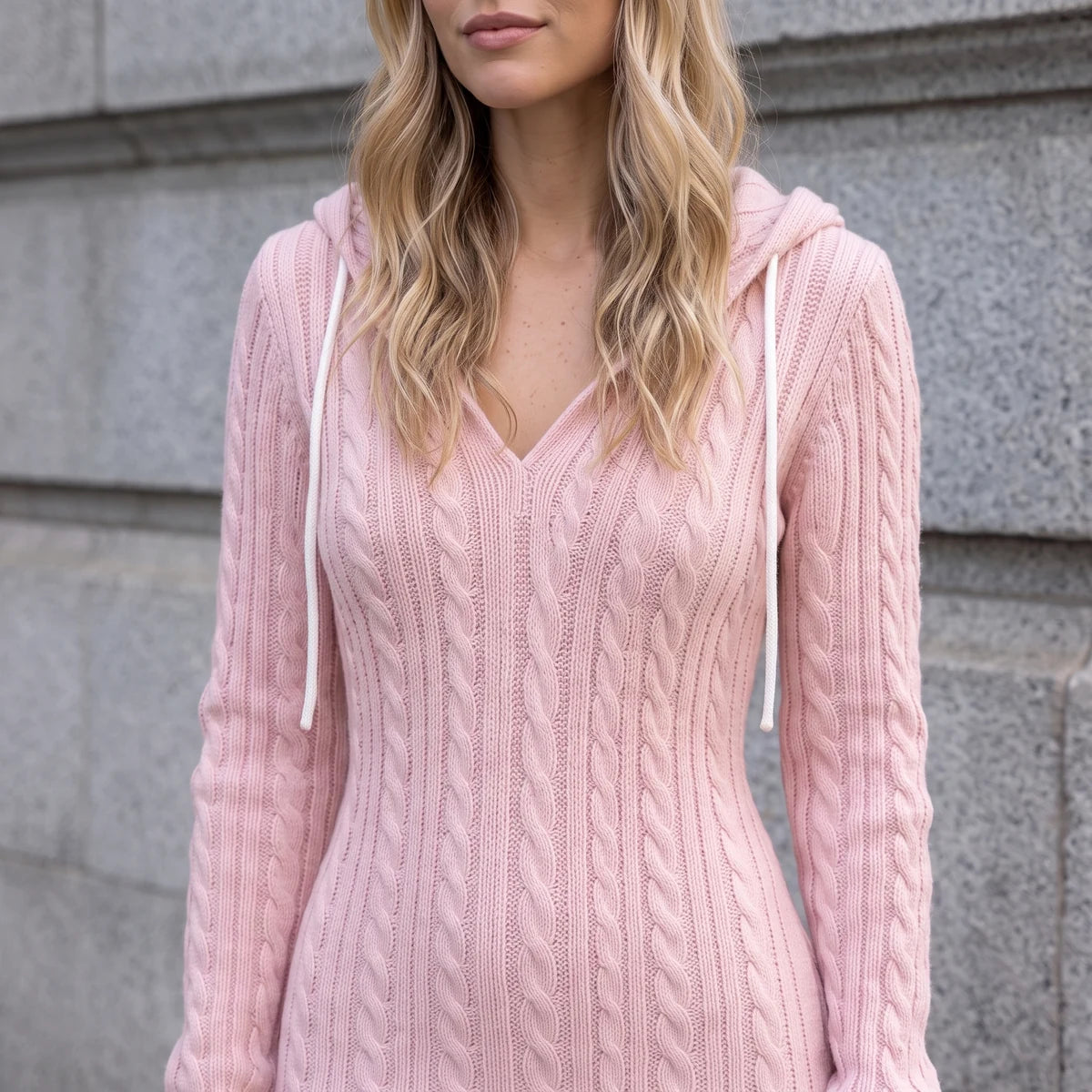 Pink hooded cable-knit sweater dress