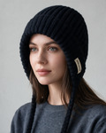 Women's Knit Earflap Hat with Braided Ties — Black — on-model portrait