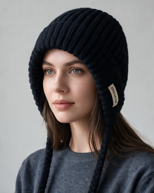 Women's Knit Earflap Hat with Braided Ties — Black — on-model portrait