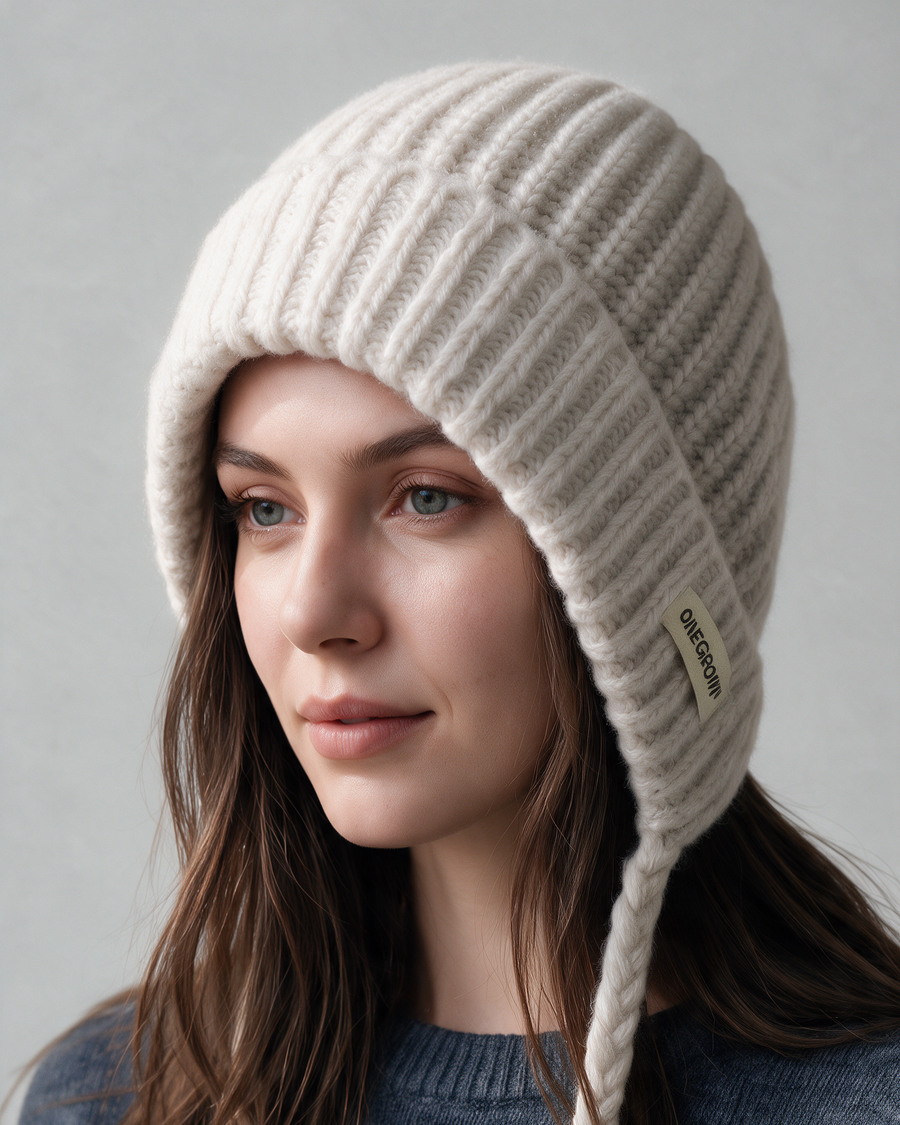 Women's Knit Earflap Hat with Braided Ties — Off-White — on-model portrait