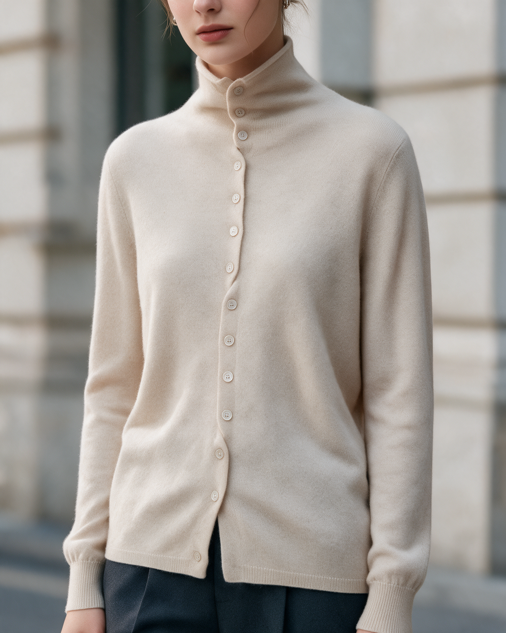 Women's High-Neck Button-Front Knit Cardigan — Cream — cropped lifestyle view