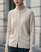 Women's High-Neck Button-Front Knit Cardigan — Cream — cropped lifestyle view