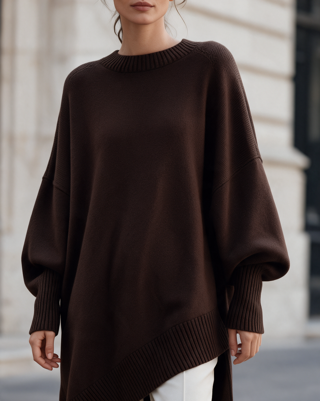 Women's Oversized Crewneck Sweater with Side Slits — Brown — cropped lifestyle view