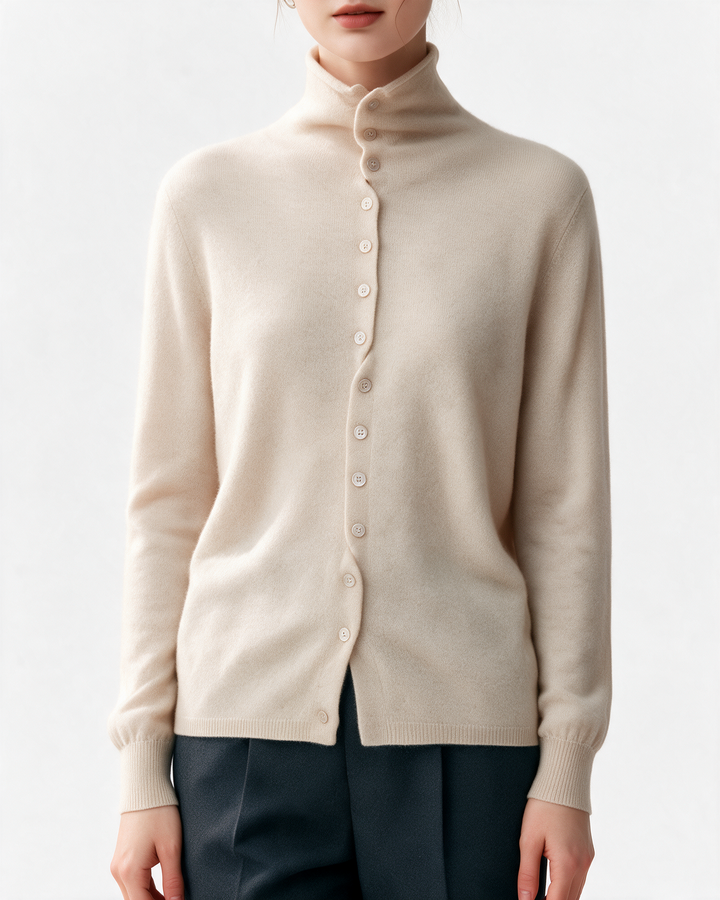 Women's High-Neck Button-Front Knit Cardigan — Cream — light gray collection portrait