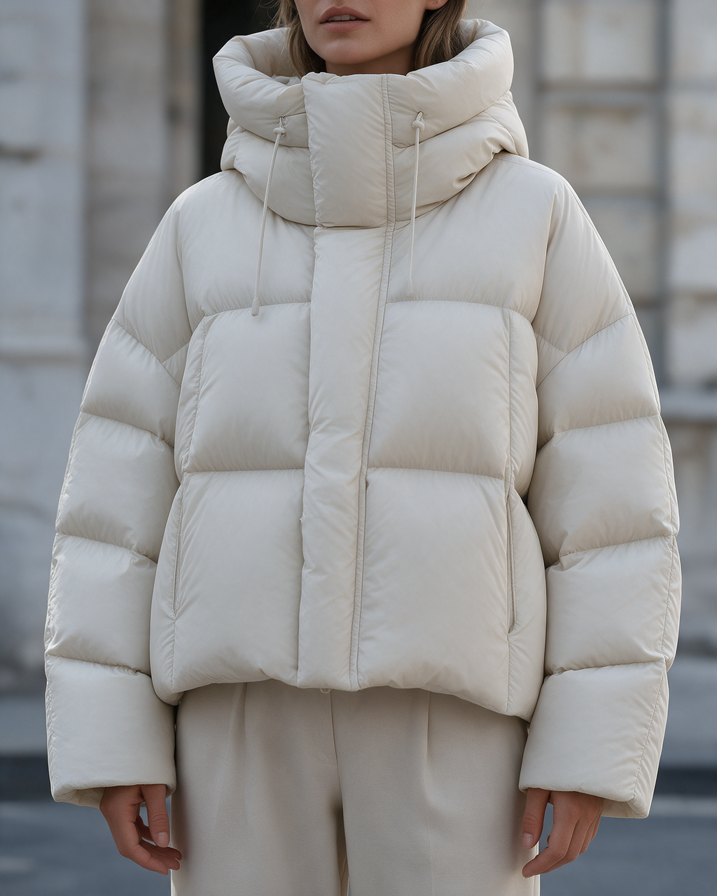 Women's Loose-Fit Hooded Puffer Jacket — Cream — cropped lifestyle view