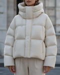 Women's Loose-Fit Hooded Puffer Jacket — Cream — cropped lifestyle view