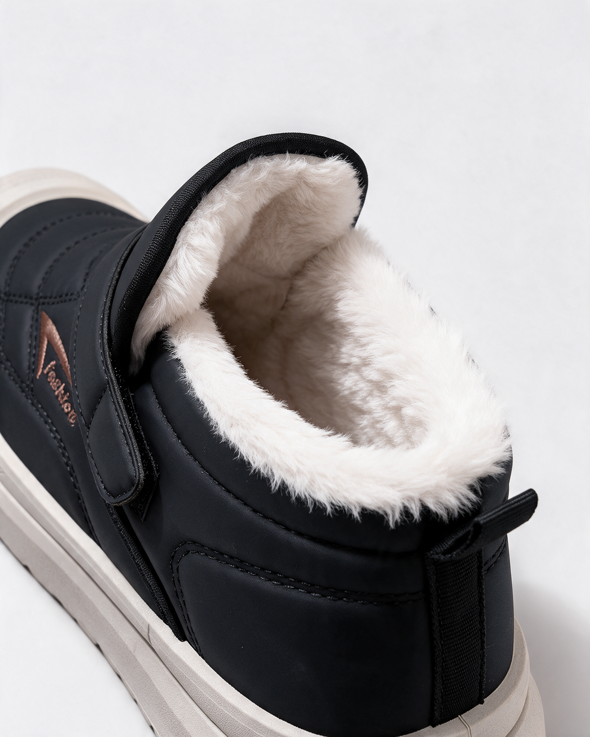 Men's Plush-Collar Strap Boots — Black — studio detail