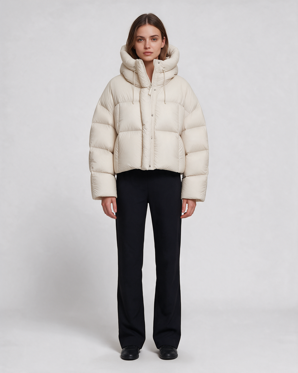 Women's Loose-Fit Hooded Puffer Jacket — Cream — full body