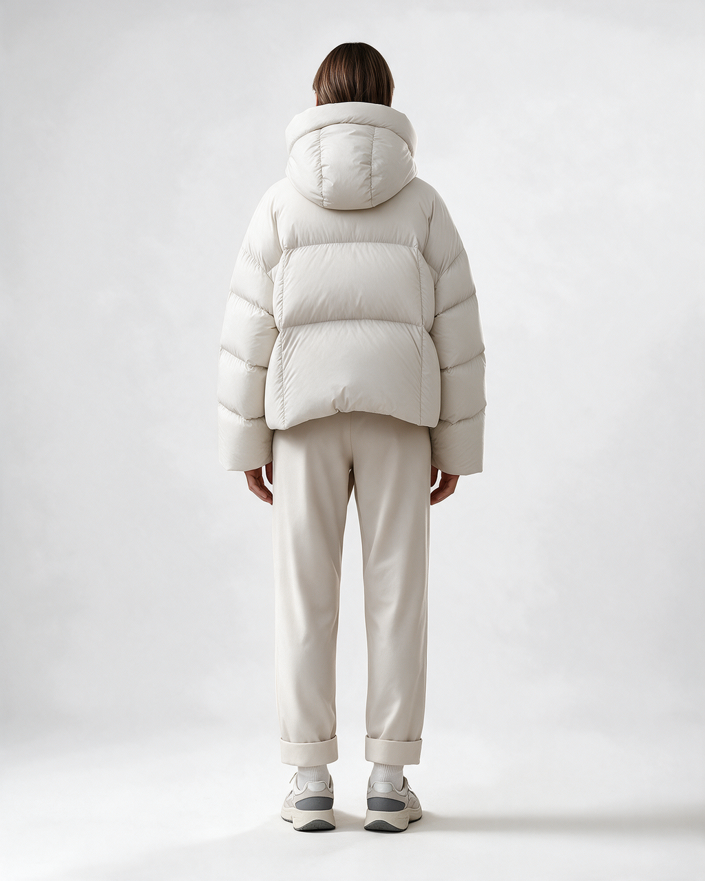 Women's Loose-Fit Hooded Puffer Jacket — Cream — full body