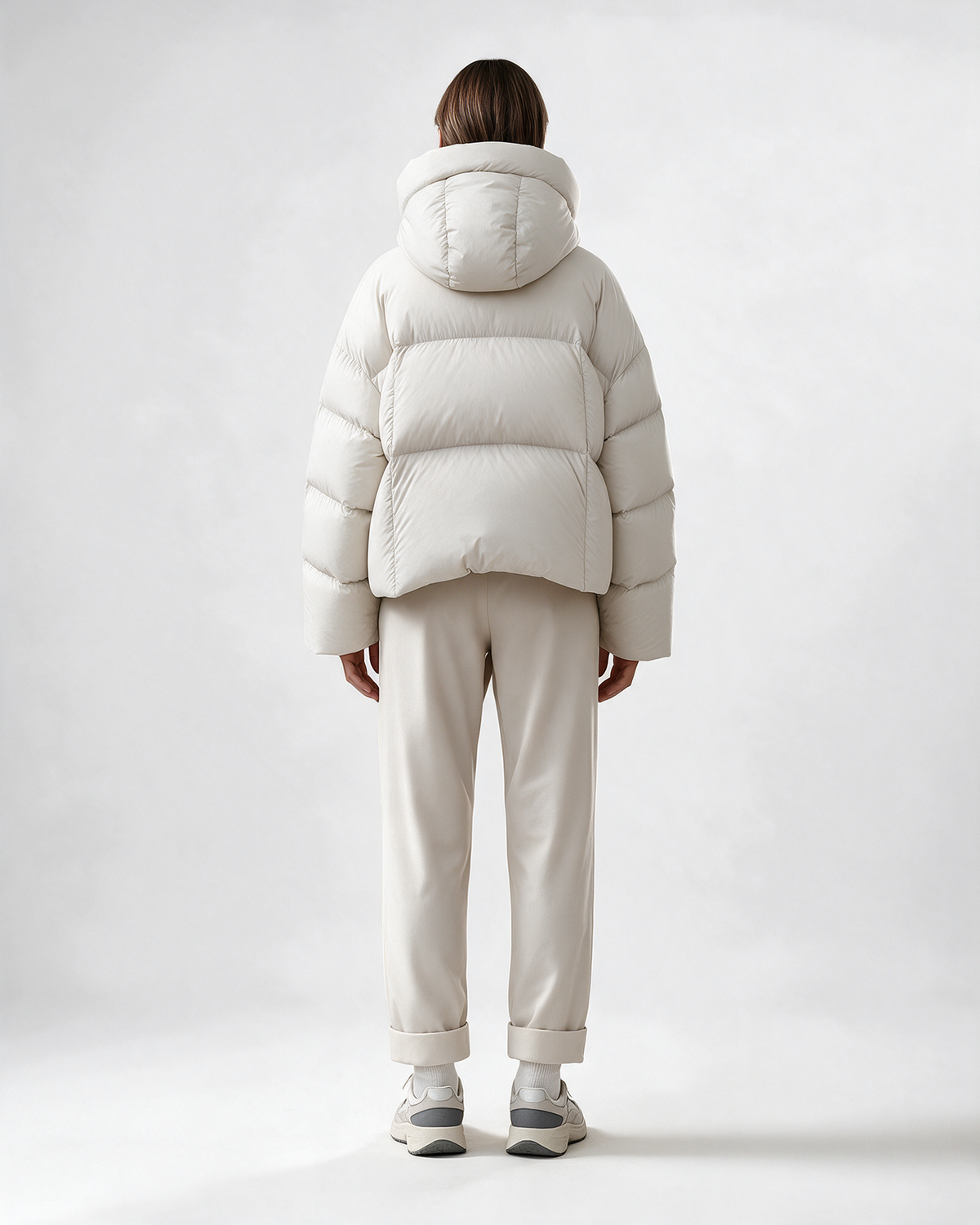Women's Loose-Fit Hooded Puffer Jacket — Cream — full body