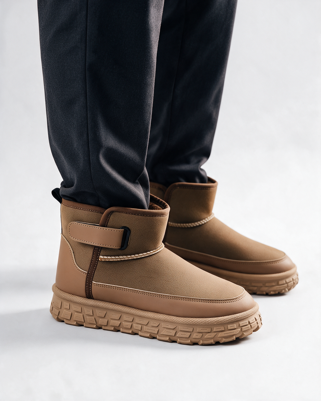 Men's Plush-Lined Strap Ankle Boots — Camel — dress pants