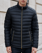 Men's Lightweight Stand-Collar Quilted Puffer Jacket — Black — cropped lifestyle view