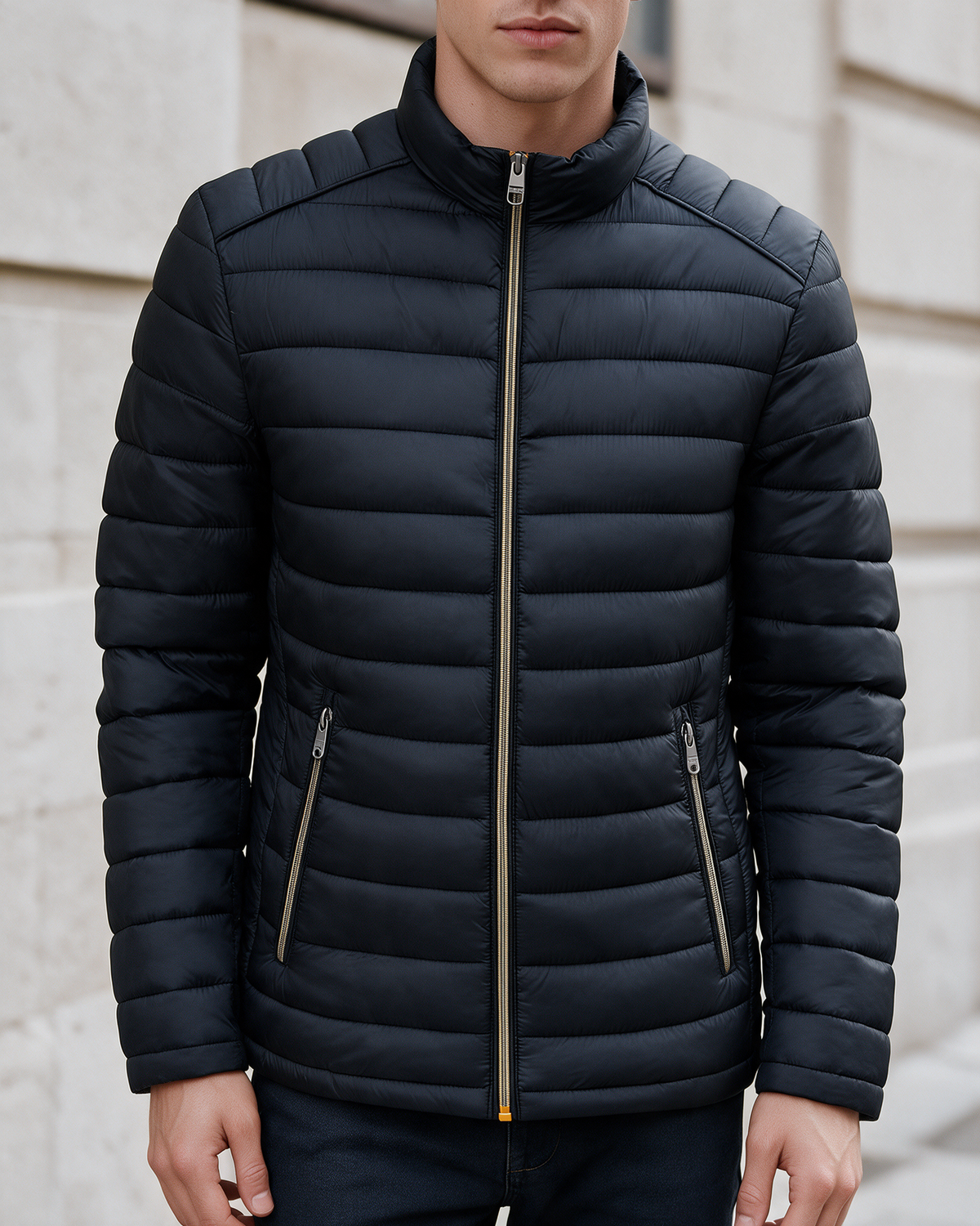 Men's Lightweight Stand-Collar Quilted Puffer Jacket — Black — cropped lifestyle view