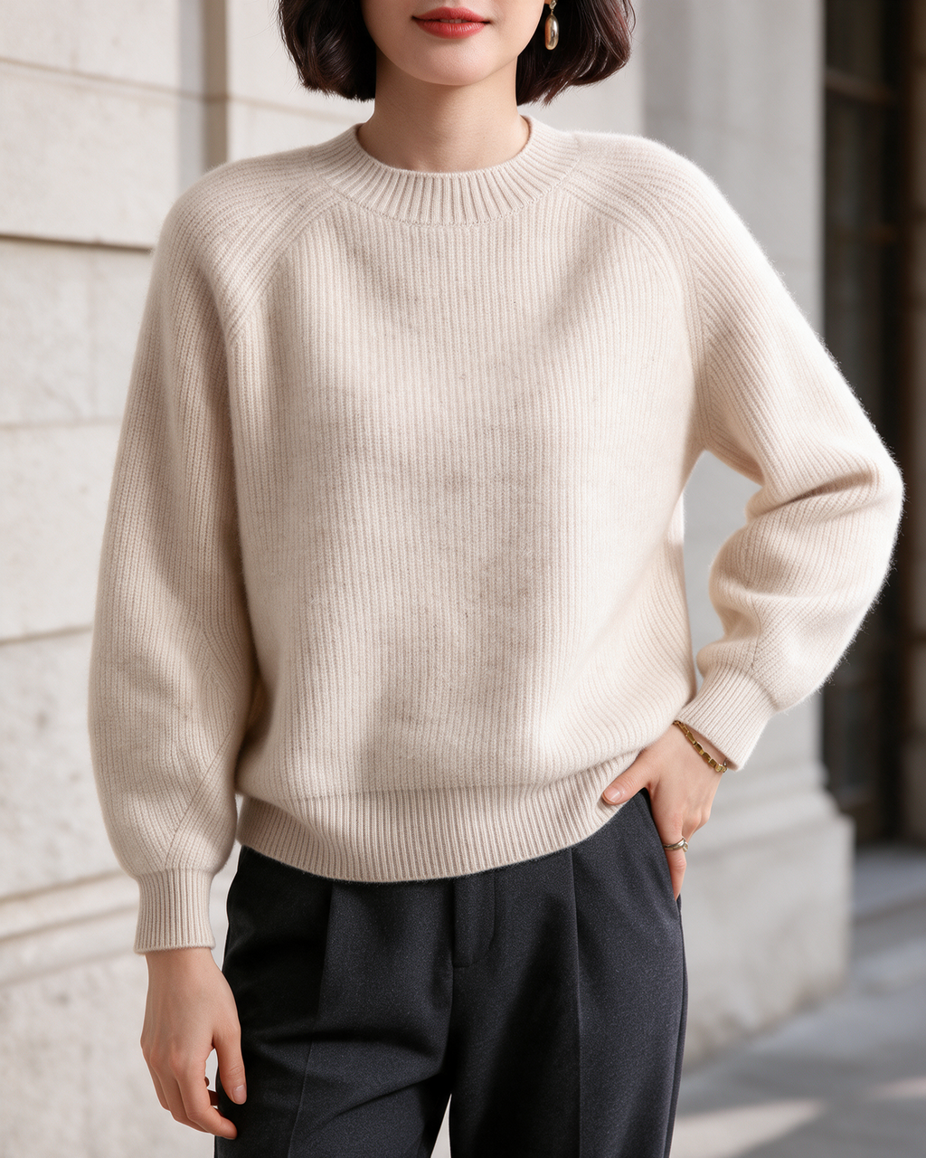 Women's Raglan Crewneck Knit Sweater — Beige — cropped lifestyle view