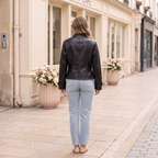 Women's Stitched-Lapel Faux Leather Biker Jacket — Black — rear on-model view